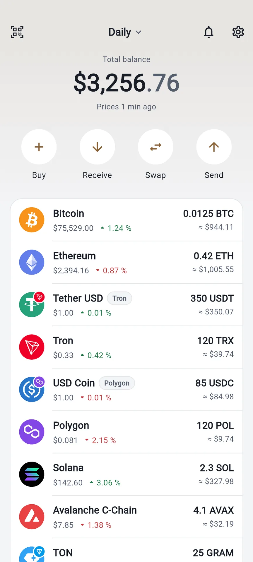 OB Wallet portfolio screen