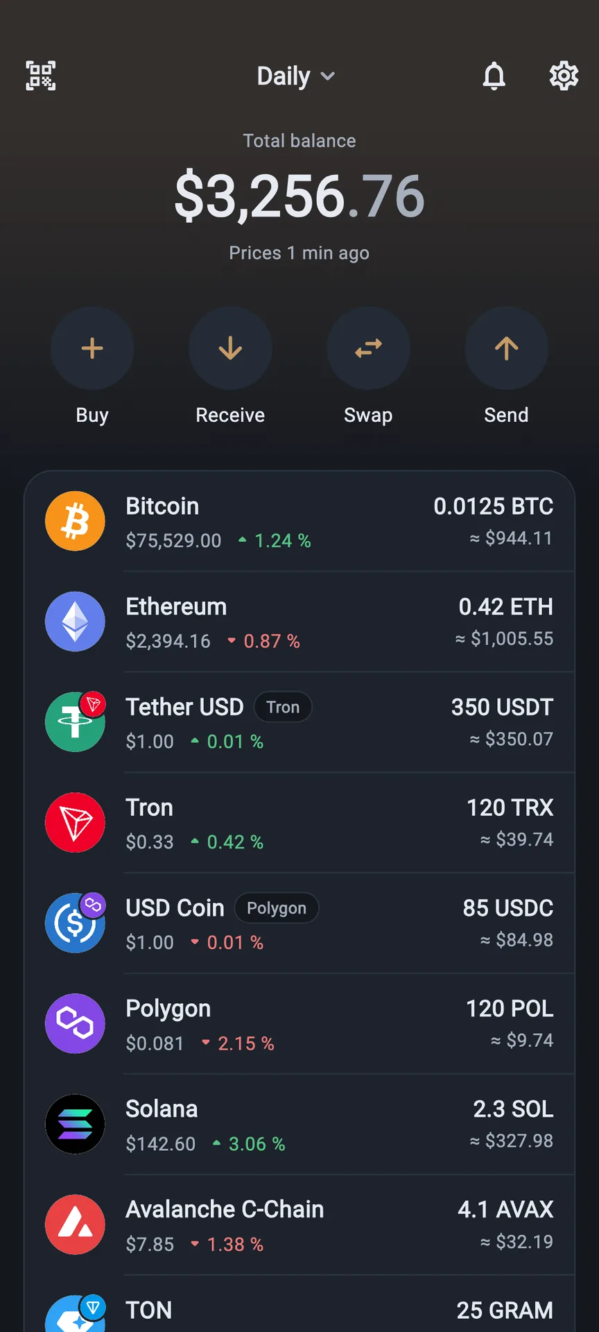 OB Wallet portfolio screen, dark theme